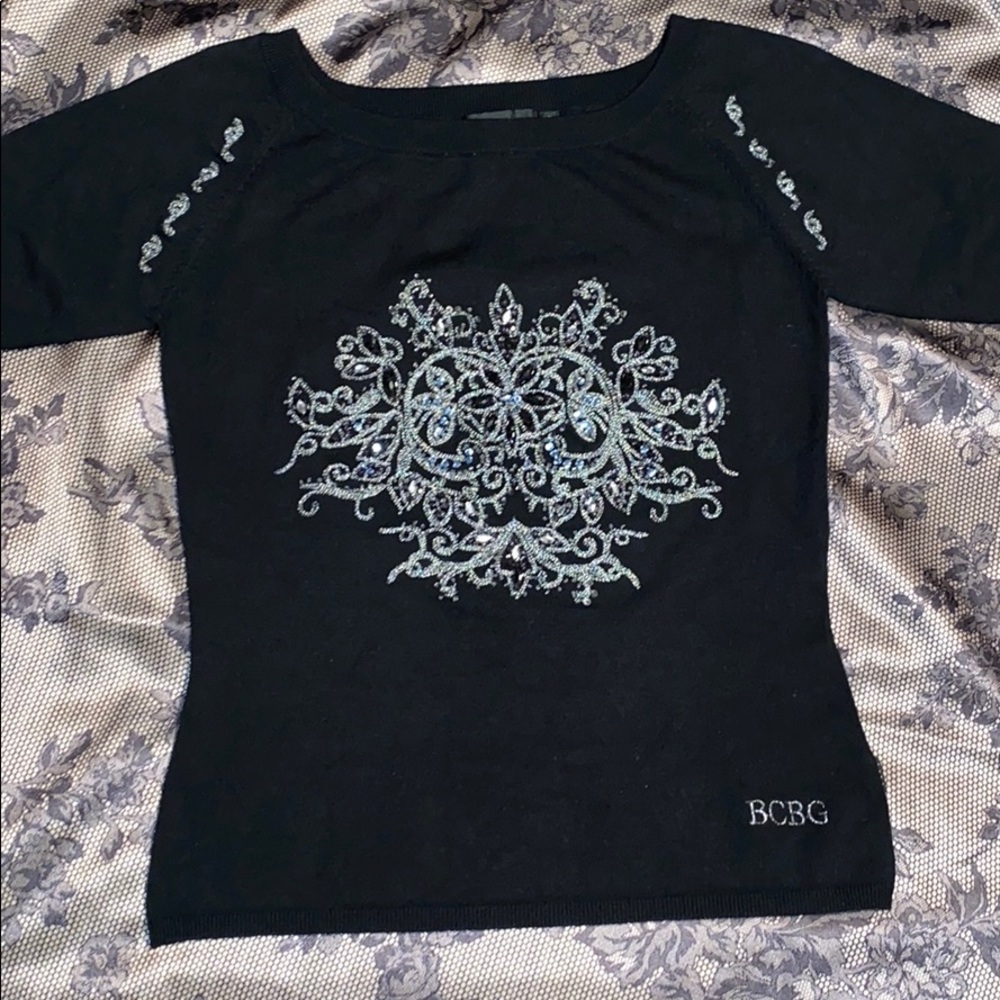 BCBC Max Azria black embellished knit top